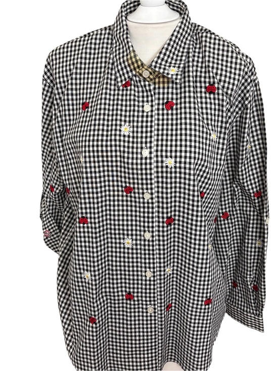 Teddi Tops - Vtg Teddi Sz XL Black White Cotton Embroidered Ladybugs Country Tunic Shirt Top
